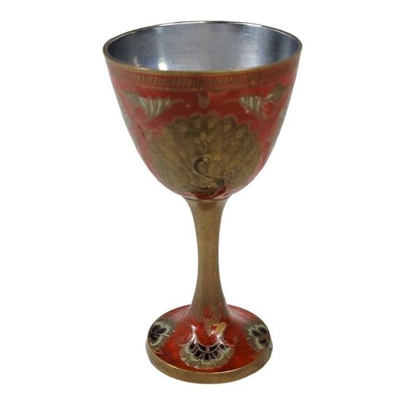 Vintage Enamel Hand Painted Etched Brass Cloisonne Peacock Wine Goblet India Red - Picture 2 of 8